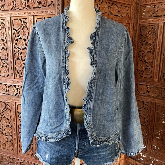 Vintage Unbranded Denim Jean Open-Front Jacket with Ruffle Hemline - Picture 2 of 10